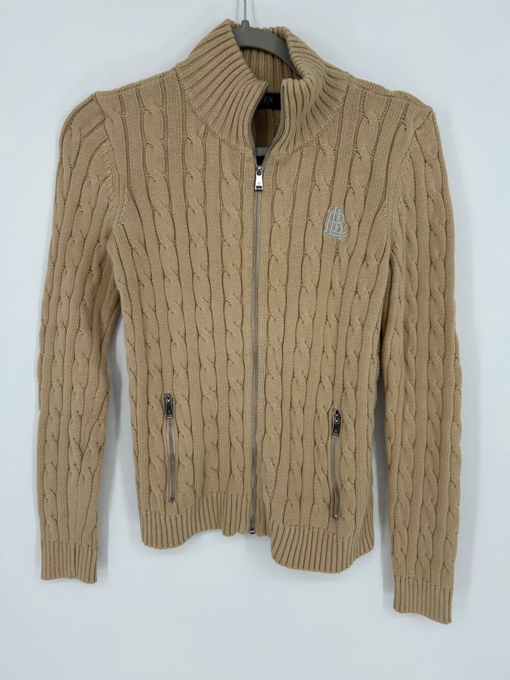 Lauren Ralph Lauren Cable Knit Full Zip Sweater Petite S Tan Camel Mock Neck